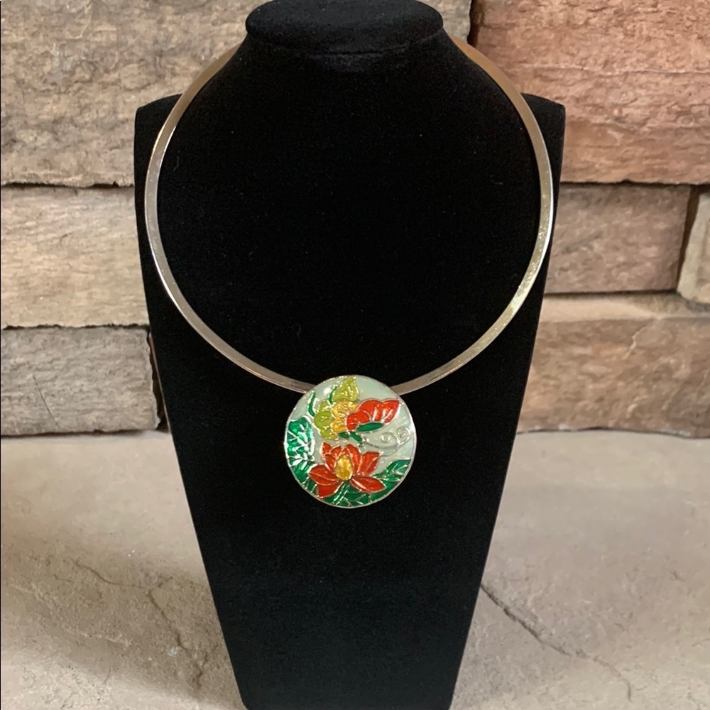 Cloisonné floral pendant silver  necklace